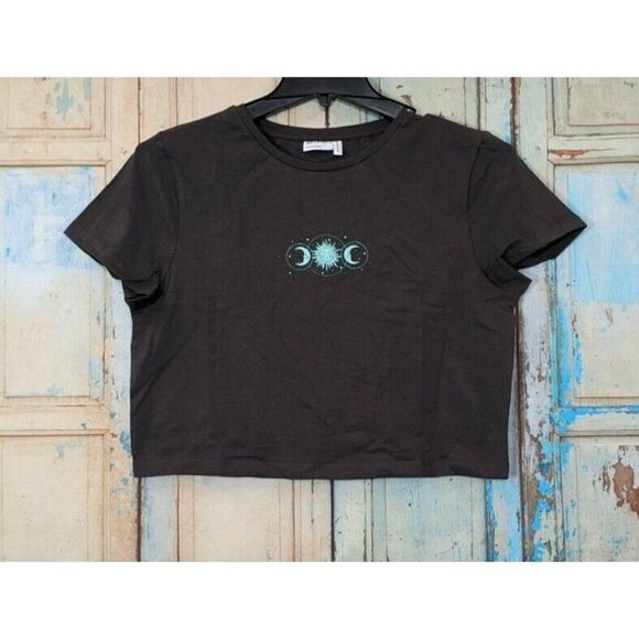 Asos Design Women Size 14 Black Round Neck Short Sleeve Pullover Cropped Top - Picture 1 of 6